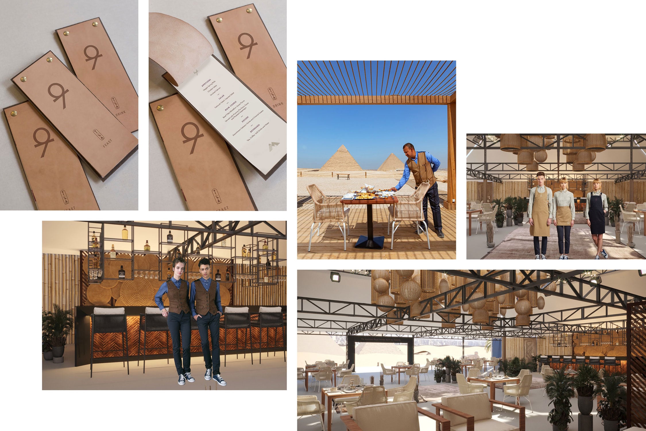 9 Pyramids Lounge menus and staff uniforms mood